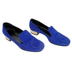 Gucci GG Logo Blue Suede Loafer Size 37 US 7 Chrome Block Heel Slip On Flat
